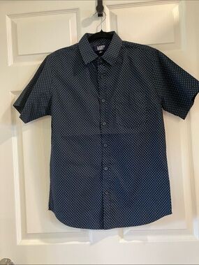 Lands' End Navy Short-Sleeve Button-Down with White Micro Dot Pattern NWO Tags